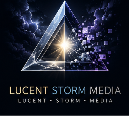 Triangular glass prism lit from within against storm clouds and digital fragments